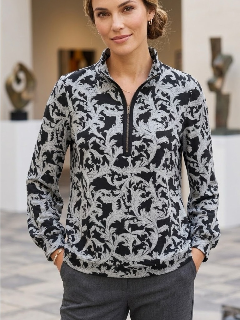 Soft Surroundings Black and Gray Scroll-Print Zip Turtleneck Sweater